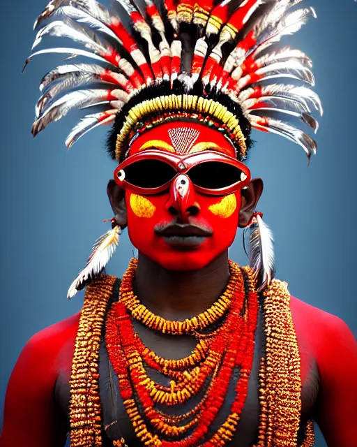 Image similar to photo of a Dramatic Theyyam male dancer with red indian headgear painted face wearing futuristic goggles space helmet and Roman soldier metallic armour with traditional theyyam costume in the style of stefan kostic, full body, feather native american headgear, realistic, sharp focus, symmetric, 8k high definition, insanely detailed, intricate, elegant, art by stanley lau and artgerm, Hajime Sorayama, William-Adolphe Bouguereau