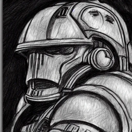 Prompt: an angry looking space marine sits in a pub drinking beer, sketchbook, pencil, thin strokes, highly detailed