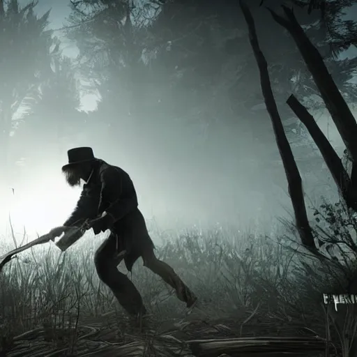 Image similar to vladimir putin running from zombies in hunt showdown