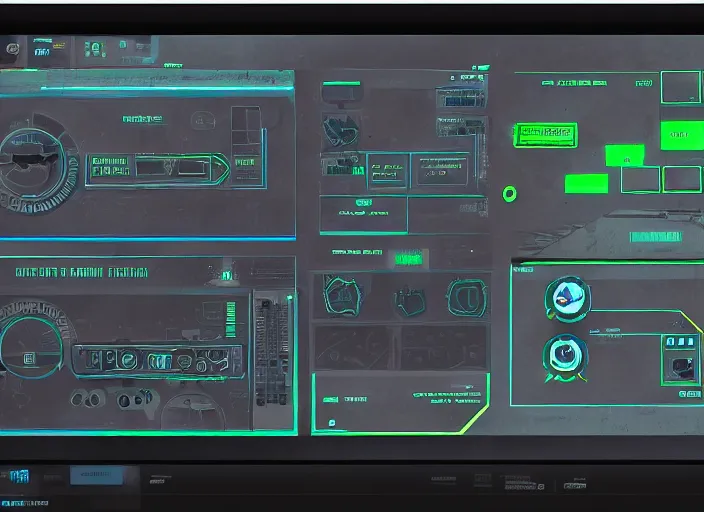 Prompt: cyberpunk graphics user interface ( gui ) depicting operational controls of a mech robot. design by mark coleran or jayse hansen