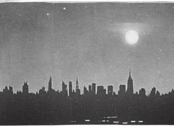 Image similar to vintage photo still of the moon!!!! exploding!!!! exploding moon moon explosion over new york city in the 1 9 2 0 s, black and white, weathered, edge vignette