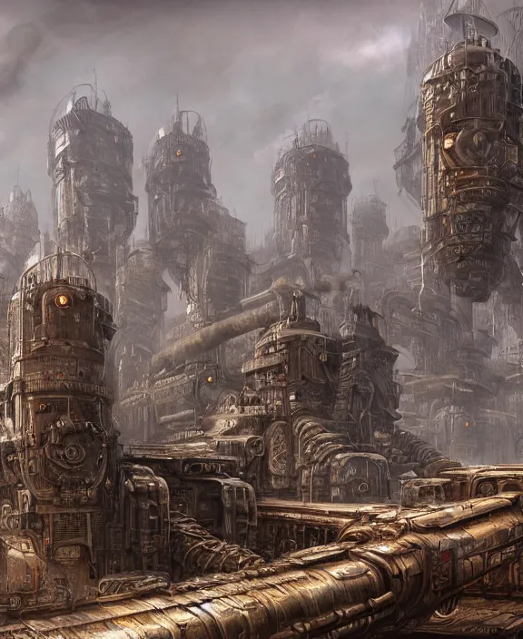 Image similar to a fortified steampunk military base with giant artillery cannons, by HR Giger and Beksiński and Stephan Martiniere , 4k resolution, detailed, trending on artstation