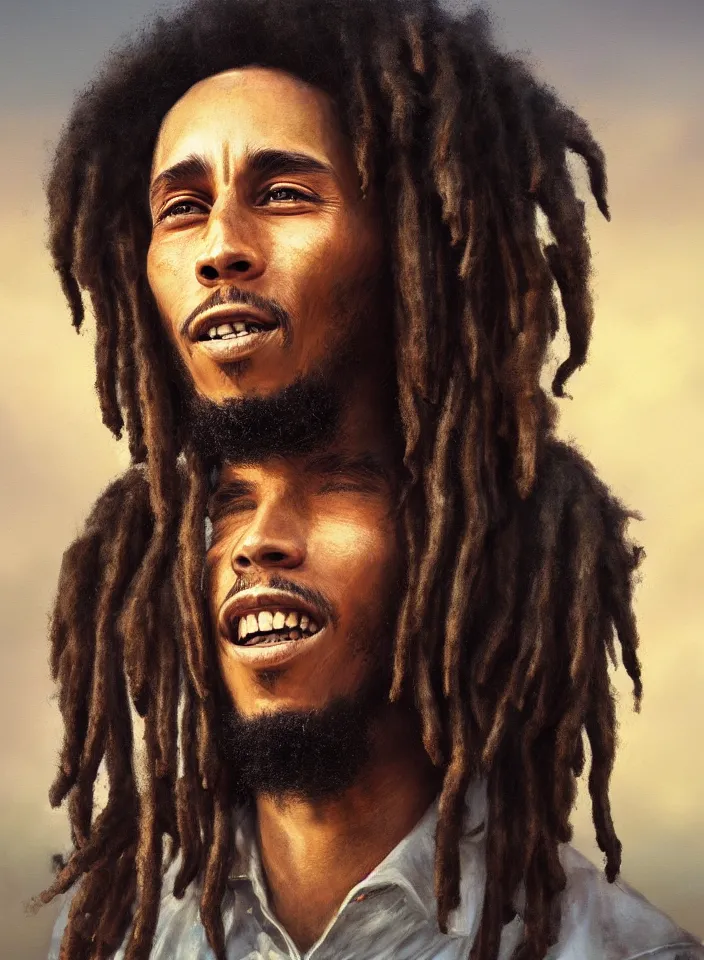 Image similar to closeup portrait of a young bob marley, serene light, gorgeous view, depth, high detail, digital art, painted by greg rutkowski and seb mckinnon, by tim burton, trending on artstation