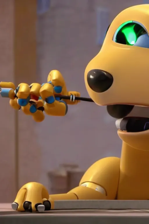 Image similar to Robot dog spins around its axis trying to bite his own tail. Pixar Disney 4K render 3d funny animation movie Oscar winning