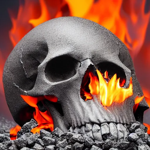 Image similar to a skull on a pile of burning coals and embers, isometric, 3 d render, 8 k