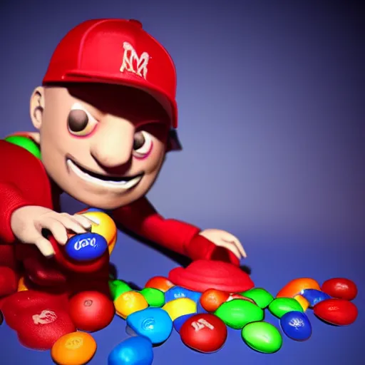 Prompt: eminem as the red m character standing on a floor coverd with m & m candies, m & m candy dispenser!!!, round red m & m figure, m & m mascot, m & m figure, m & m plush, unreal engine, studio lighting, figurine, unreal engine, volumetric lighting, artstation, cosplay, by hans bellmer
