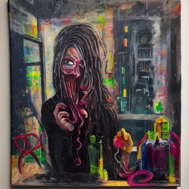 Image similar to a portrait in a dark apartment, city through a window, a female art student holding an octopus, milk puddles, berries, broken bottles, metaphysical, neo - expressionism, surrealism, acrylic and spray paint and oilstick on canvas