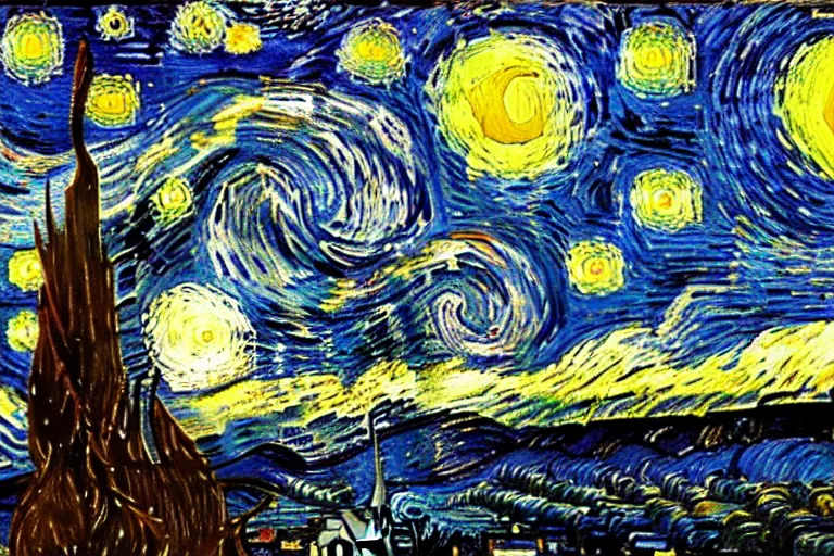 Prompt: Vincent van Gogh's Starry Night and Self Portrait combined