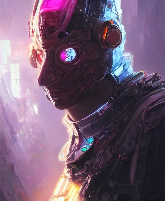 Prompt: portrait of a cyberpunk masked male evil, half body, glowin eyes, d & d, fantasy, intricate, elegant, highly detailed, colorful, vivid color, digital painting, artstation, concept art, art by artgerm and greg rutkowski and alphonse mucha and ruan jia