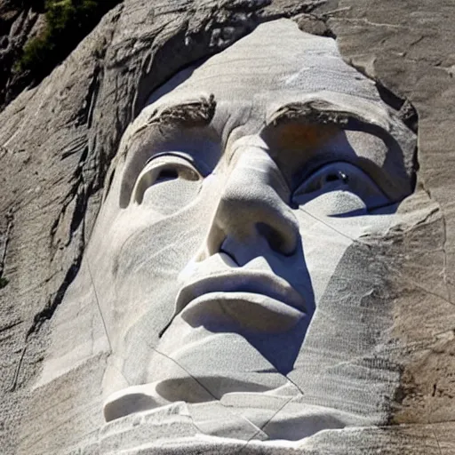 Prompt: donald trump's face carved into rock on mount rushmore. the photo clearly depicts the facial features of donald trump, at a slightly elevated level, depicting his particular hair style carved into the stone at the mountain top, centered, balances, regal, pensive, powerful, just