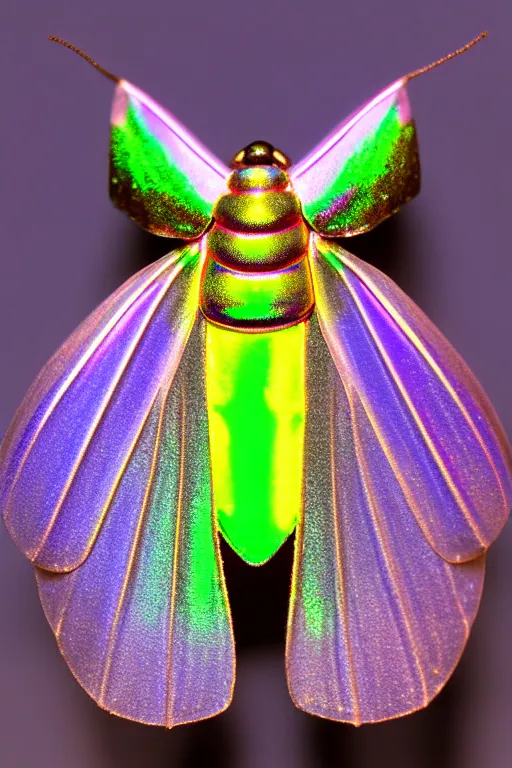 Prompt: high quality macro photo lowbrow iridescent moth! jewelled gorgeous! highly detailed david ligare elson peter cinematic blue neon lighting high quality low angle hd 8k sharp shallow depth of field