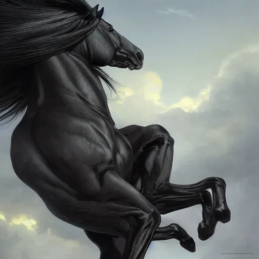 Image similar to a huge muscular black - coated anthro horse with long white hair wearing tactical kevlar fabric, exaggerated muscle physique, highly detailed, furry, furaffinity, digital painting, artstation, sharp focus, illustration, weta digital, art by artgerm, greg rutkowski, alphonse mucha