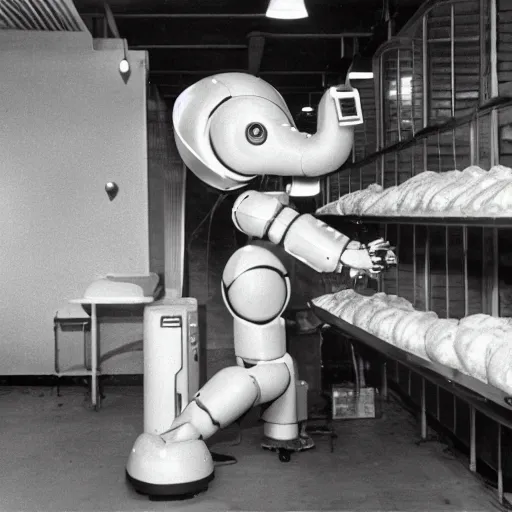 Image similar to Elephantlike robot taking a loaf of bread out of the oven, 1959, black and white photo, world's fair