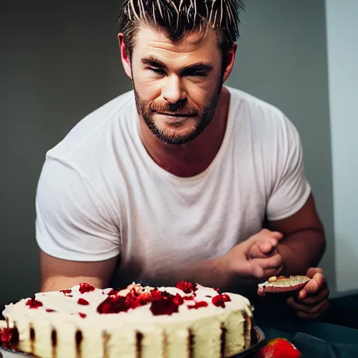 Image similar to Obese Chris Hemsworth eating cake, XF IQ4, 150MP, 50mm, F1.4, ISO 200, 1/160s, natural light