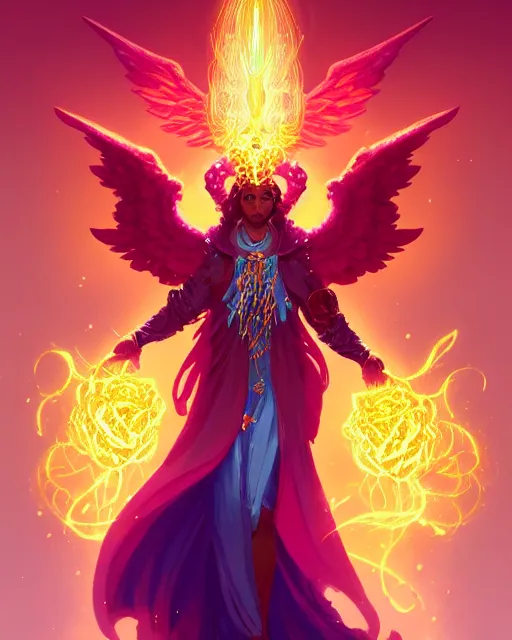 Image similar to a character portrait of only one male angel of justice with golden fiery wings, surrounded with spiriling sparkling rose crystals, by peter mohrbacher, hyper light drifter, by ilya kuvshinov katsuhiro, jim burns, wadim kashin, greg rutkowski, trending on artstation