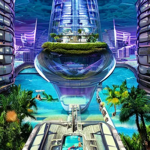 Image similar to futuristic paradise, real life picture, futuristic