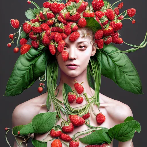 Image similar to the portrait of an absurdly beautiful, graceful, elegant, sophisticated woman made of strawberries and green petals, an ultrafine hyperdetailed illustration by kim jung gi, irakli nadar, fitness model, intricate linework, bright colors, octopath traveler, final fantasy, unreal engine 5 highly rendered, global illumination, radiant light, detailed and intricate environment