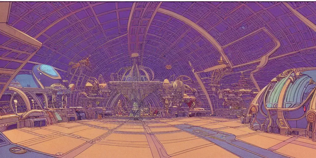 Image similar to cel shaded cinematic shot of the interior of a sci-fi space station with ornate Elven architecture bustling with various intelligent alien species, epic castle, emerald, crystalline, detailed illustration, sharp focus, clean lines, art by Moebius, Jean Giraud Moebius comic illustration