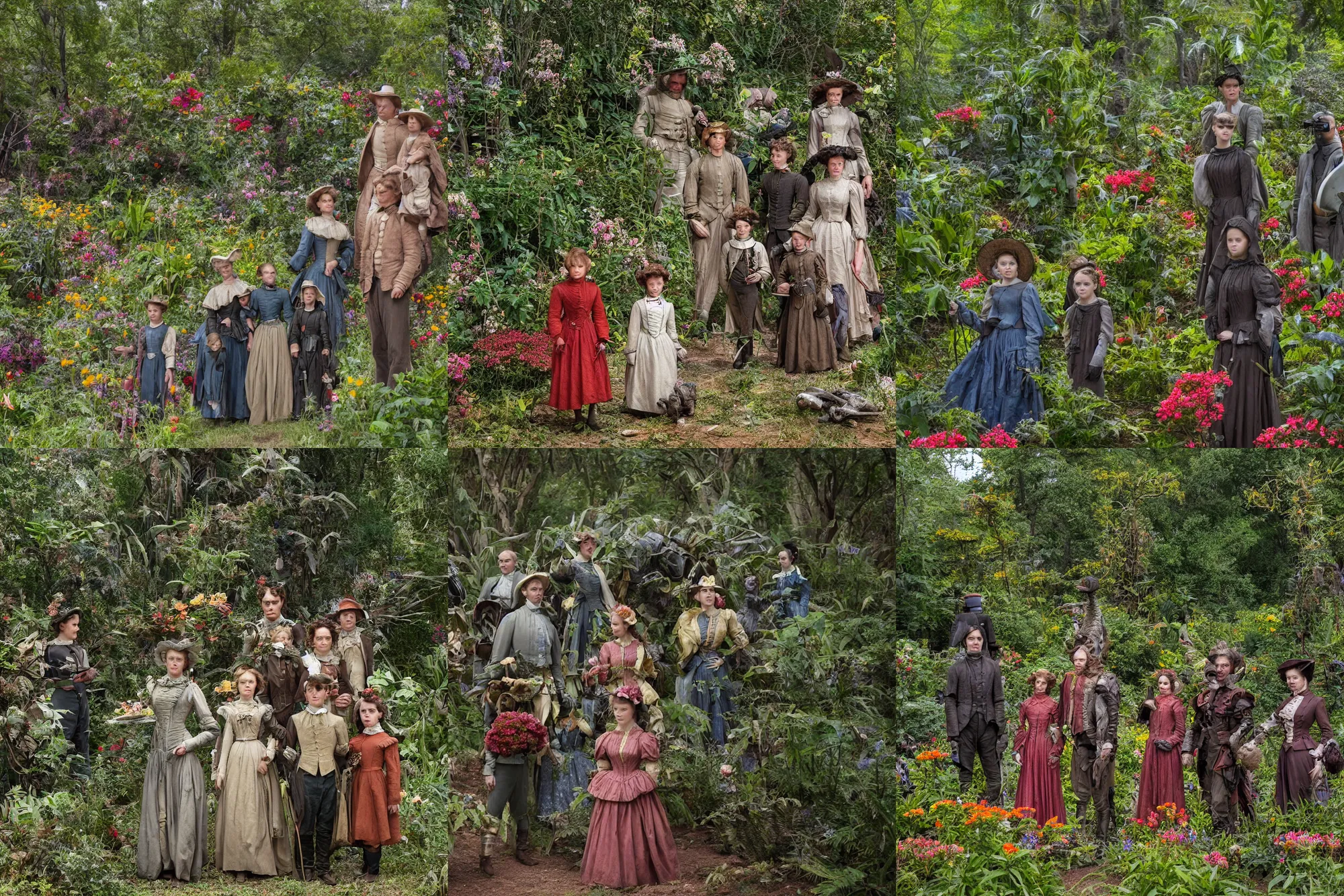 Prompt: sharp, highly detailed, 53456k film, 161800mm film still from a sci fi blockbuster color movie made in 2019, set in 1860, of a family standing in a park, next to some strange alien plants and flowers, on an alien planet, the family are all wearing 1860s era clothes, good lighting, ultra high definition, in focus, 35mm macro lens