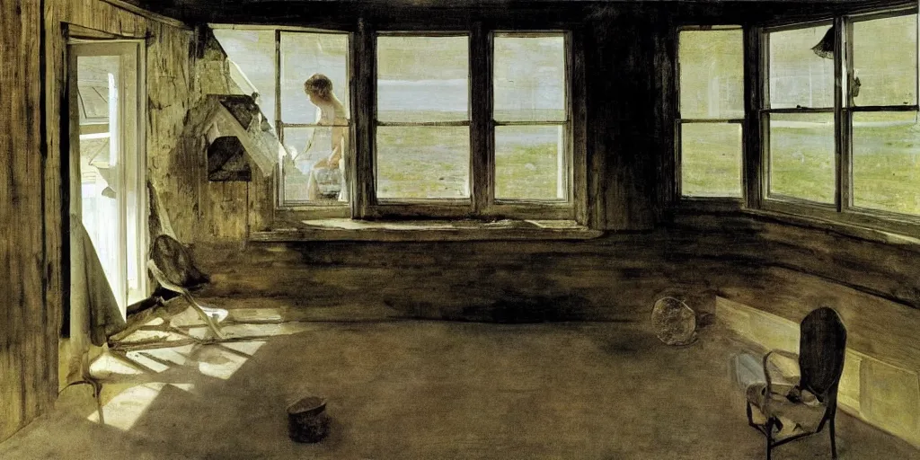 Image similar to Inside the house by the sea, in summer, a painting by Andrew Wyeth