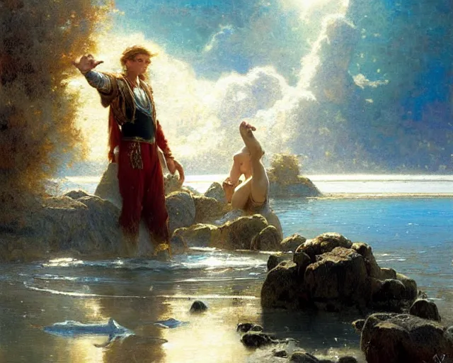 Image similar to attractive male wizard casting powerful wave water spell in a beautiful lake. highly detailed painting by gaston bussiere, craig mullins, j. c. leyendecker 8 k