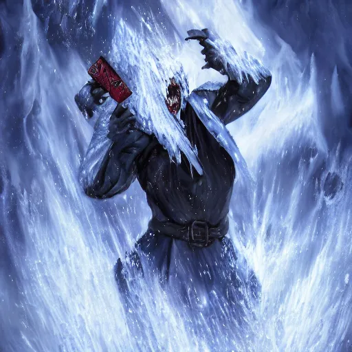 Image similar to a blue tiefling man frozen in a block of ice and being shattering into a million pieces, wearing dark cloths, ice block, cracked, destroyed, shattering, breaking, by Tony Sart, detailed, realistic, masterpiece