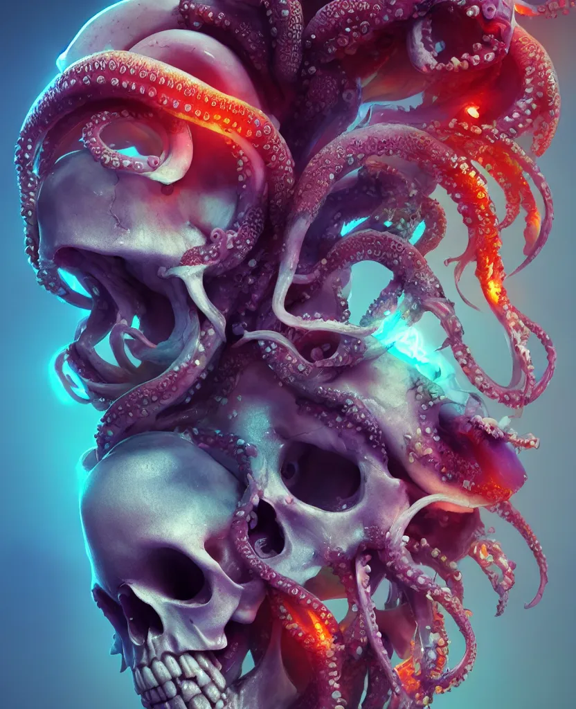 Image similar to goddess close - up portrait human skull, ram skull, squid phoenix jellyfish, orchid, betta fish, bioluminiscent, intricate artwork by tooth wu and wlop and beeple. octane render, trending on artstation, greg rutkowski very coherent symmetrical artwork. cinematic, hyper realism, high detail, octane render, 8 k