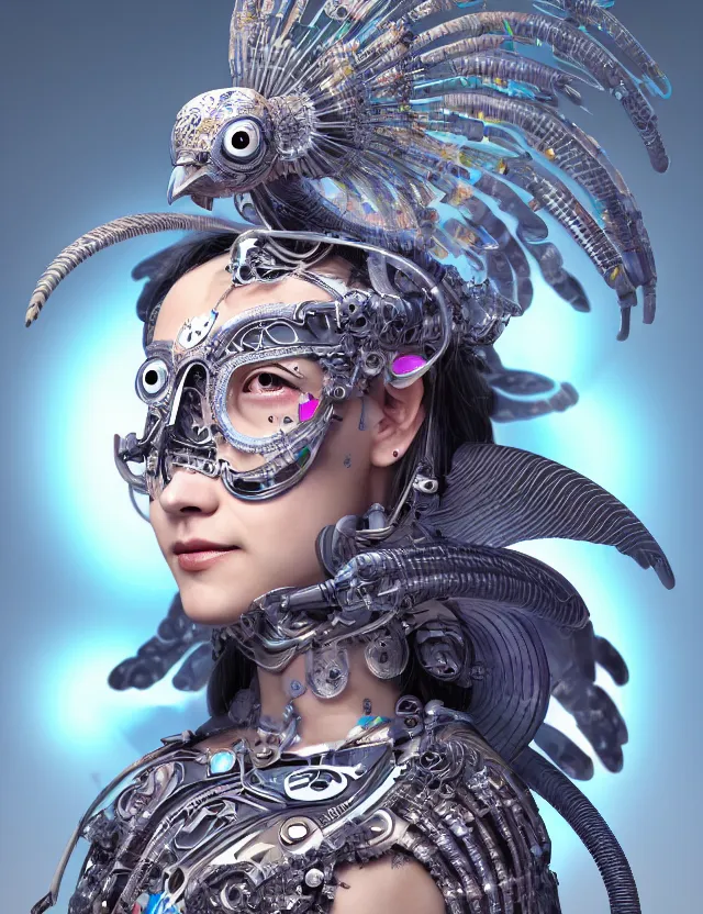 Image similar to 3 d goddess cyborg close - up profile portrait with ram skull. beautiful intricately detailed japanese crow kitsune mask and clasical japanese kimono. betta fish, jellyfish phoenix, bio luminescent, plasma, ice, water, wind, creature, artwork by tooth wu and wlop and beeple and greg rutkowski