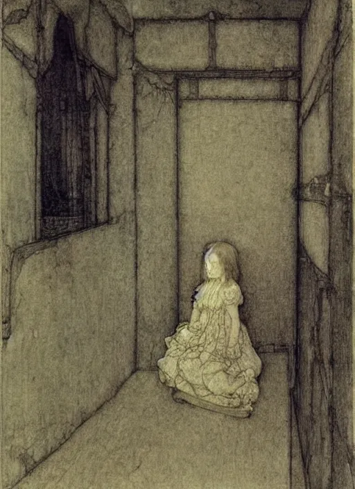 Image similar to little girl in a room by john bauer, arthur rackham