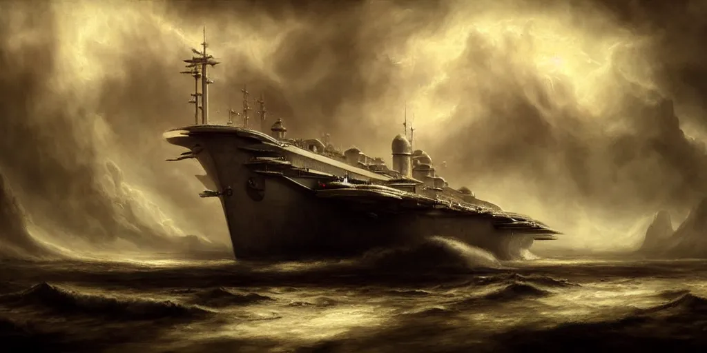 Prompt: a viking style aircraft carrier, by Rolf Armstrong and Evelyn De Morgan and Bastien Lecouffe-Deharme, dramatic lighting, high contrast colors, baroque, empyrean, panoramic view, as trending on Artstation, highly detailed, doom engine,