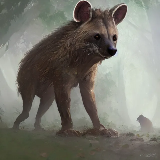 Image similar to a beautiful painting of a cute brown hyena. gray otter. in a forest. disney character design by cory loftis, fenghua zhong, ryohei hase, ismail inceoglu and ruan jia. artstation, volumetric light, detailed, photorealistic, rendered in octane