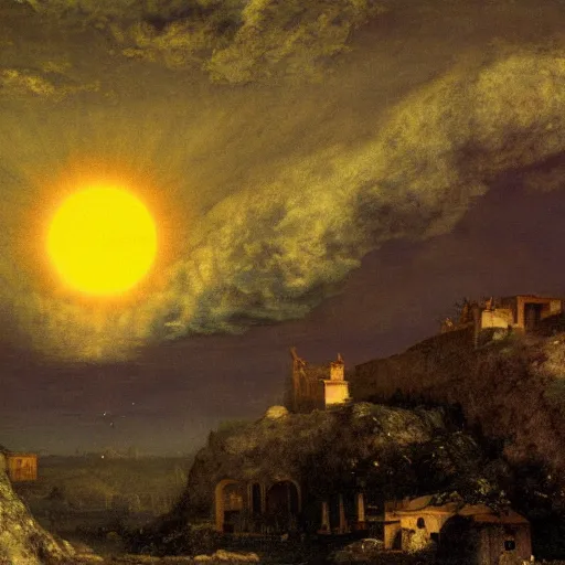 Image similar to dark solar eclipse, above a village, highly detailed, studio 4 k quality, by arnold bocklin