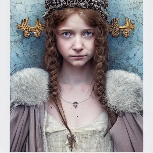 Image similar to character portrait of the white queen thomasin mckenzie with gorgeous detailed eyes in the marketplace in the sky, color page, tankoban, 4 k, tone mapping, doll, akihiko yoshida, james jean, andrei riabovitchev, marc simonetti, yoshitaka amano, kentaro miura, long hair, curly