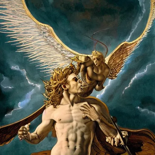 Image similar to Portrait stunning, breathtaking, awe-inspiring award-winning ground-breaking concept art nouveau painting of sophisticated portrayal of Lucifer, invincible and triumphant over the Heavens, with anxious, piercing eyes, exquisite and handsome wings, the morning star bright and splendor in the background, holding in his hands his flaming sword, by Michelangelo, cinematic, socialist realism, intricate detail, finely detailed, small details, extra detail, hyper detail, photorealistic, symmetrical, high resolution, 3D, PBR, path tracing, volumetric lighting, octane render, 8k, 3-point perspective, unreal engine 5,DAZ, octane render, dynamic lighting, IMAX quality, polished, photoshopped, high resolution , path tracing