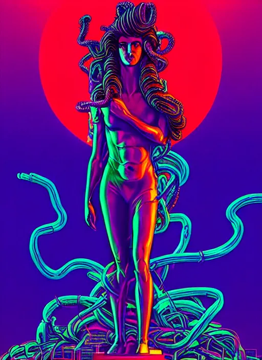 Image similar to statue of medusa, beeple, android jones, liam wong, ( ( ( ( ( dan mumford ) ) ) ) ), vaporwave, retrowave, black background, neon wiring, black, glitch, strong contrast, cuts, pinterest, trending on artstation