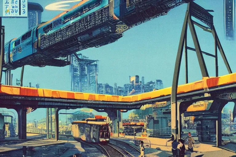 Image similar to 1 9 7 9 omni magazine cover of train bridge going above a park in osaka. cyberpunk style by vincent di fate