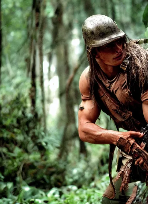 Prompt: film still of Dave Franco as Dutch in Predator, 4k