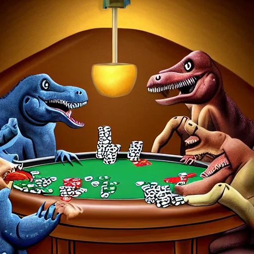 Image similar to Dinosaurs playing poker at the prehistoric dawn cave casino drawn with a left hand.