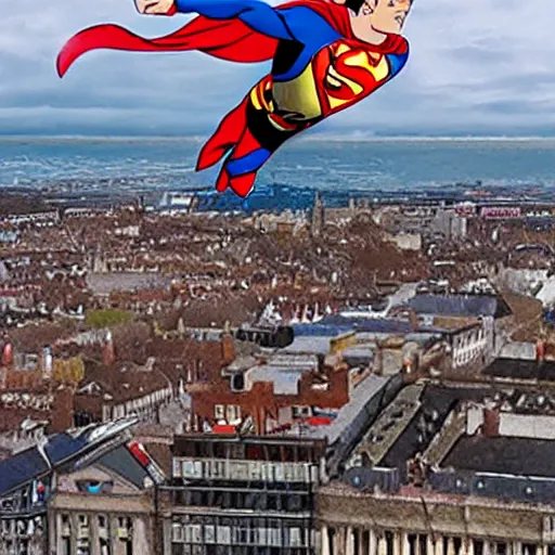 Image similar to A film still of superman flying over Dublin City Ireland