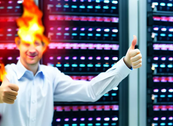 Image similar to A system administrator doing a thumb up to the camera in front on burning servers, servers in flames, happy system administrator doing a thumb up, uncropped, full body