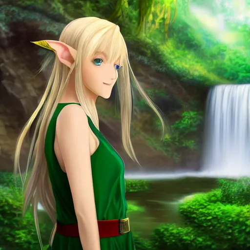 Image similar to beautiful young blonde-haired elf woman tucking her hair behind her ear and wearing a green dress in front of a waterfall, anime art, very very very very beautiful, 4k