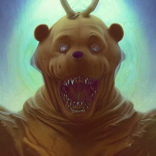 Image similar to A Satanic Evil Winnie The Pooh, psychedelic art, demonic, fullbody, artstation, dark fantasy, concept art, horror, evil, smooth, sharp focus, illustration, art by greg rutkowski and orientalism and bouguereau and Zdzislaw Beksinski, good clear quality, lighting, biology, symmetrical artwork, perfect face, 135 mm, cinematic, hyper realism, high detail, octane render, 8k, chrome accents