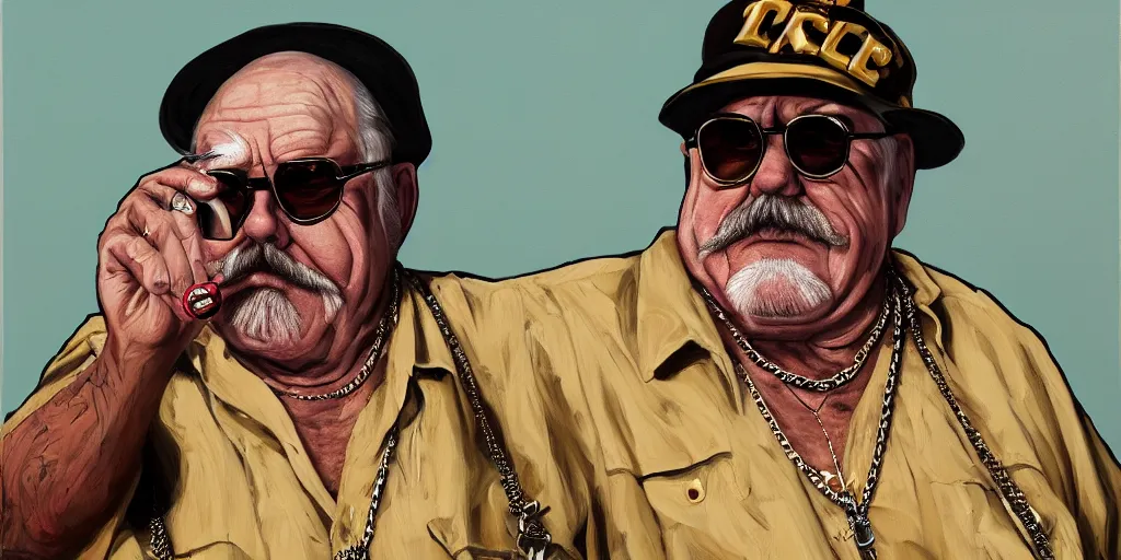 Image similar to wilford brimley rapper wearing gold chains with gold rings on his fingers diabeetus high fidelity painting high resolution trending on artstation