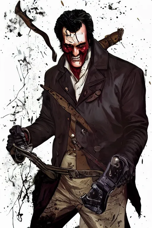 Image similar to bruce campbell as ash in sleepy hollow, full body, big two toned eyes, teeth gritted, horror, intricate details, cinematic, epic, realistic, anatomy, tomer hanuka, uplight, artstation, photorealistic, scary