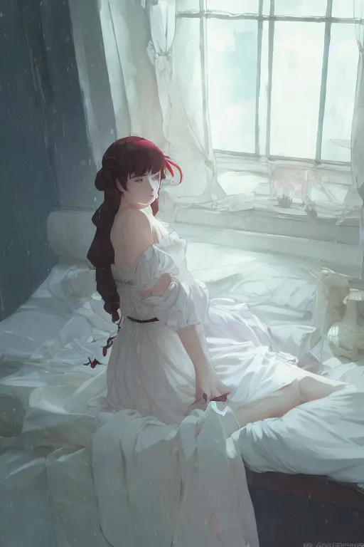 Prompt: a girl in a maid's outfit in the bedroom a night, raining outside the window, wavy white long hair, by krenz cushart and mucha and akihito yoshida and greg rutkowski and makoto shinkai and rella, detailed eyes, 4 k resolution