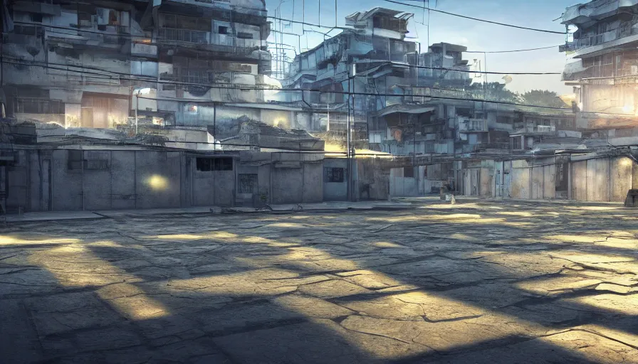 Prompt: Bright Beams of Light Shoot out of cracks in the ground, Futuristic Favela, Hyperrealistic Rendering, Photorealism, Raytracing, Anamorphic Lens, Artstation