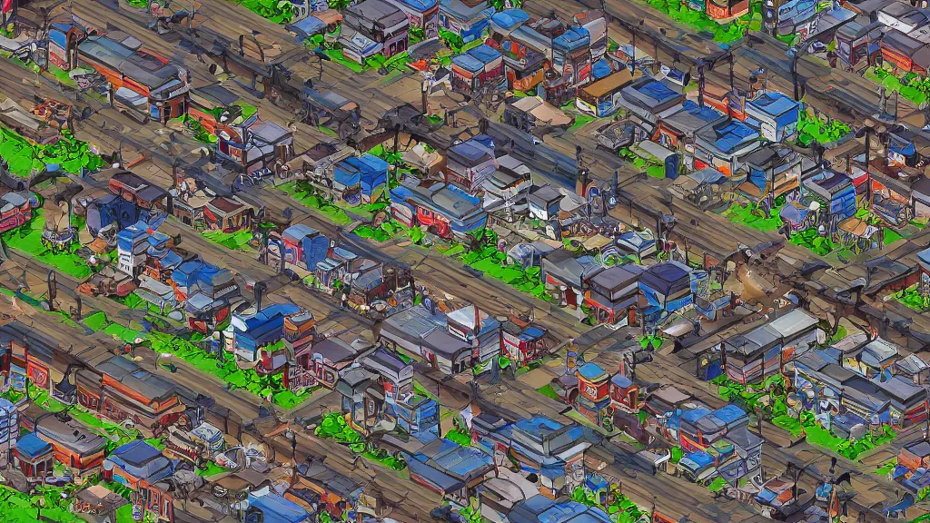 Image similar to photorealism spoiled isometric railroad village / city setting