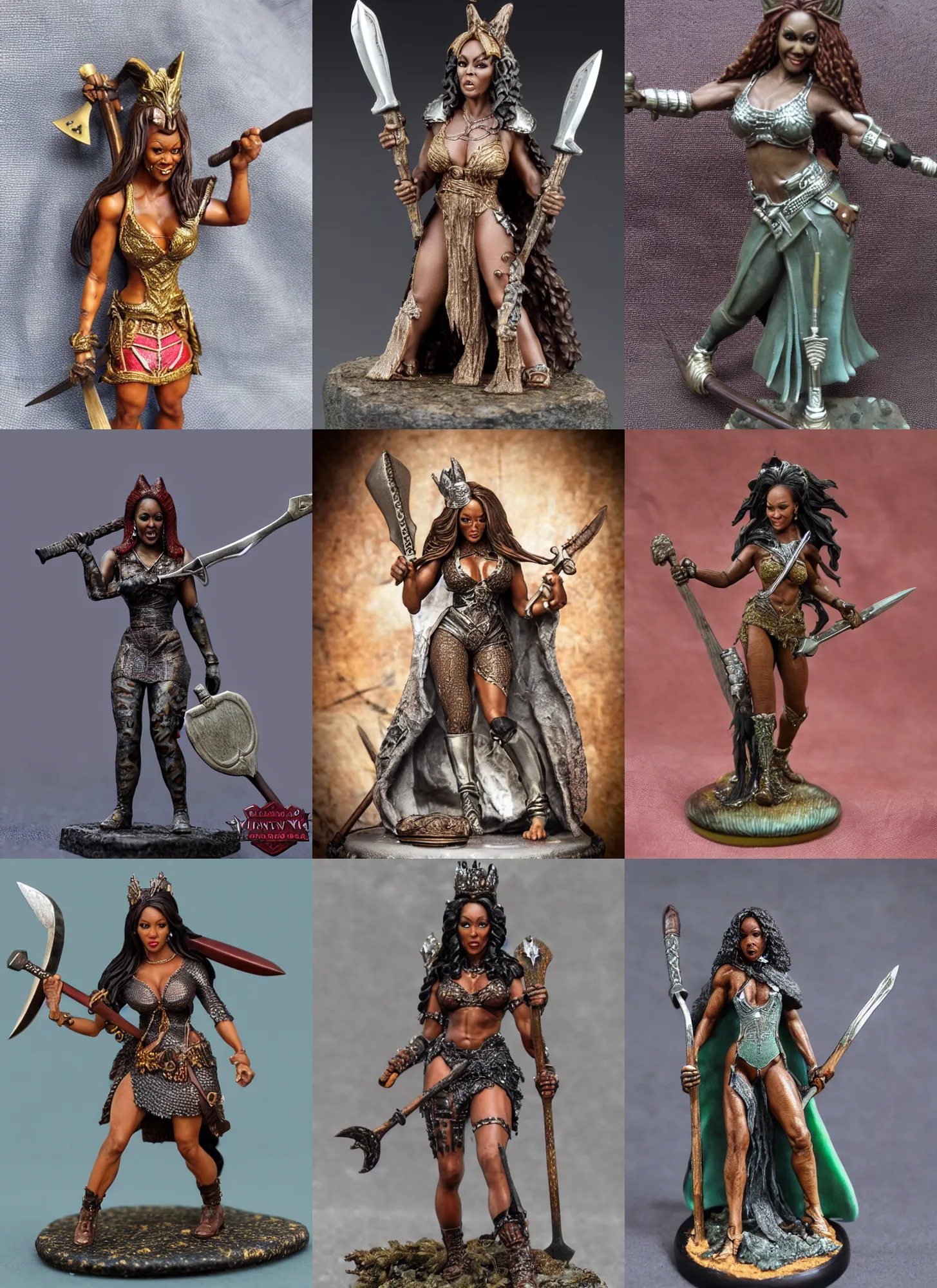 Prompt: 80mm resin detailed Miniature of a Vivica A Fox, Angry, Queen of warrior, battle axe, on textured base ;Miniature product Photo, 4K, Full body