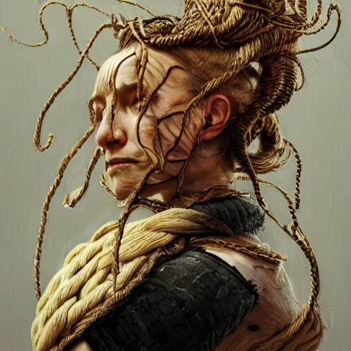 Image similar to portrait of a Shibari rope wrapped face and neck, headshot, insanely nice professional hair style, dramatic hair color, digital painting, of a old 15th century, old cyborg merchant, amber jewels, baroque, ornate clothing, scifi, realistic, hyperdetailed, chiaroscuro, concept art, art by Franz Hals and Jon Foster and Ayami Kojima and Amano and Karol Bak,