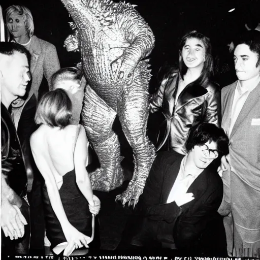 Image similar to godzilla partying at studio 5 4 b & w grainy photograph lots of celebrities including andy warhol